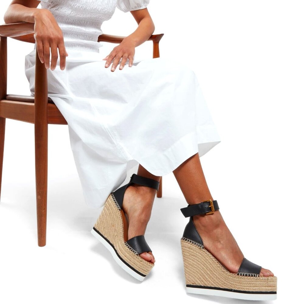 Designer See by CHLOE Glyn Black Espadrille Wedges Heel Platform Sandals Limited